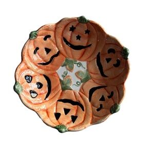 World Bazaar Ceramic Halloween Jack O lantern Pumpkin 9 3/4". Candy Dish